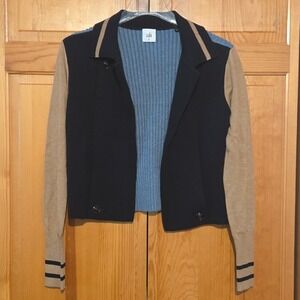 Cabi Sweater Medium Prep School Cardigan 3703 Navy Tan Blue Colorblock Cropped‎